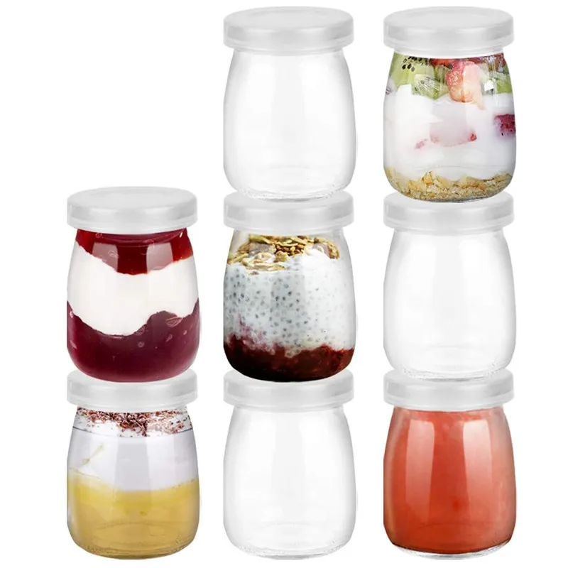 Mini Yogurt Jars, Glass Pudding Cups, Lids Containers, Pot with PE Ideal for Milk Jellies Honey Spices Mousse, 8 PCs, 100ml 3.4o