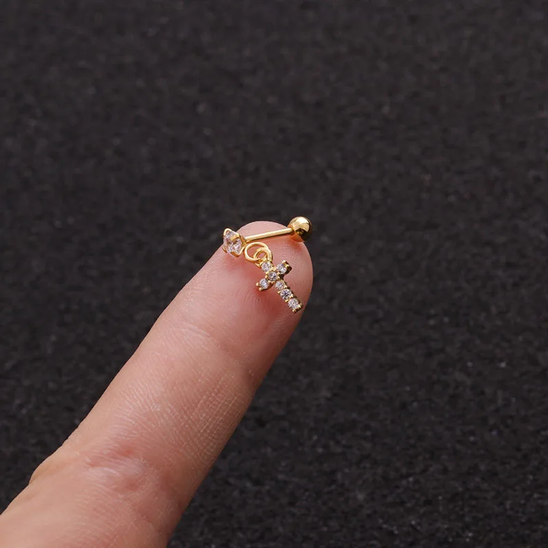 1 PCS Cute Micro Pave CZ Cross Drop Ear Bone Clip Cuff Earring Women Men Classic Zircon Copper Piercing Steel Bar Ear Jewelry