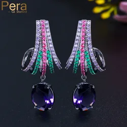 Pera Fashion Micro Multicolor CZ Pave Black Gold Color Dangle Purple Oval Crystal Drop Earring for Women Jewelry Accessory E721