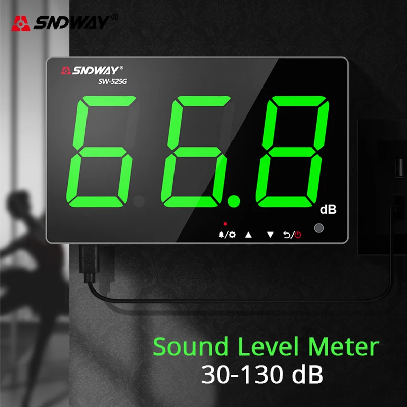 

SNDWAY Wall-mounted Sound Level Meter Green Light 30-130 db Digital Noise Meter USB Charging Measuring Decibel Monitoring Noise