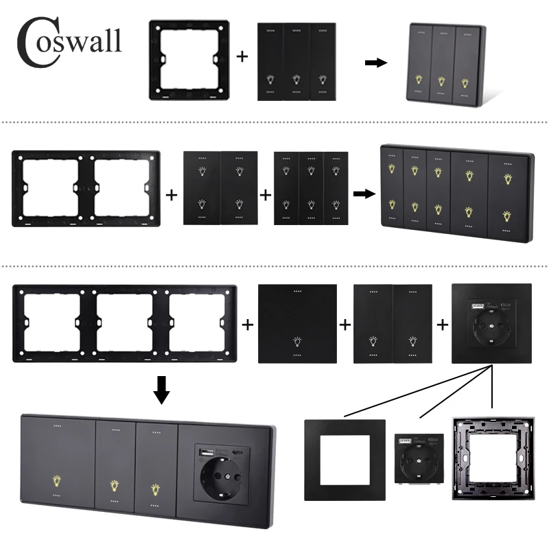 COSWALL Black Matt PC Panel Zigbee 3.0 On / Off Switch & Scene Switch Yandex, Normal EU Socket USB Charger TV RJ45 Modules DIY