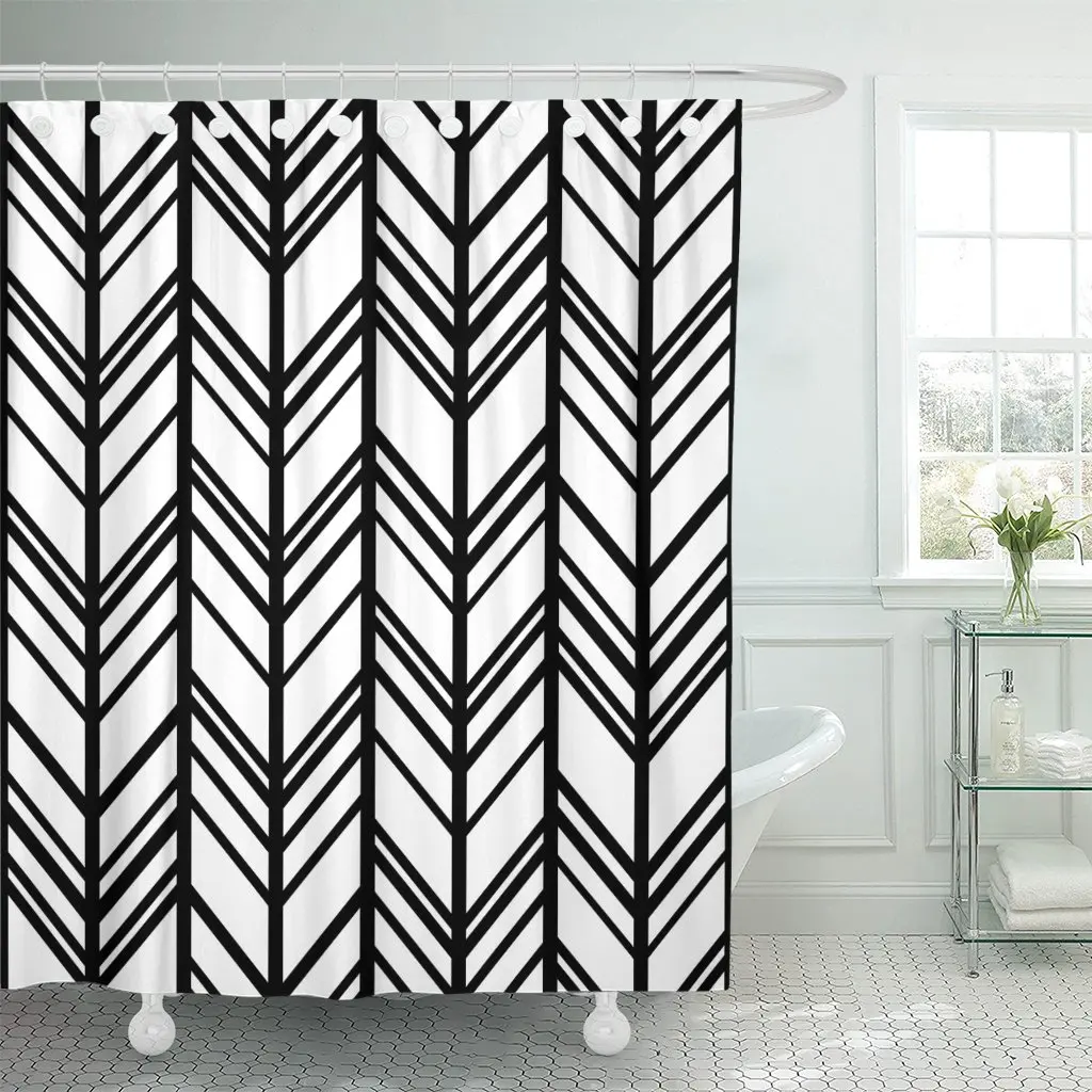 Abstract Black and White Chevron Classy Continuous Elegant Endless Shower Curtain Waterproof Polyester 72 x 78 inches Set