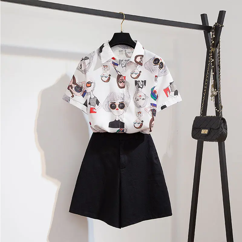 2023 Summer Fashion Cartoon Print Shirt Shorts Set Women Leisure Cozy Two-Piece Clothing Sets Girls Short Sleeve Blouser Outfits