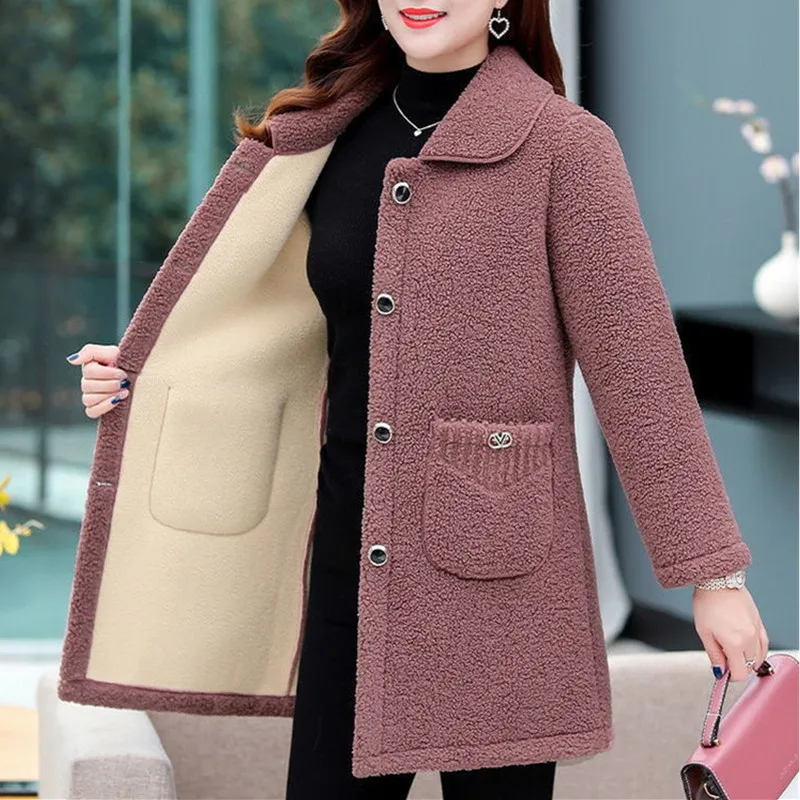 Middle-aged Mothers Faux lamb Wool Coat 2023 Autumn Winter Loose Long-sleeve Outerwear Solid Female Jacket Parkas Casual Tops