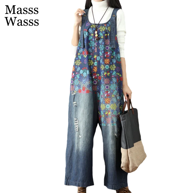 Masss Wasss European New Fashion Spring Ladies Printed Holes Denim Overalls Womens Vintage Loose Jeans Female Pantalons Big Size