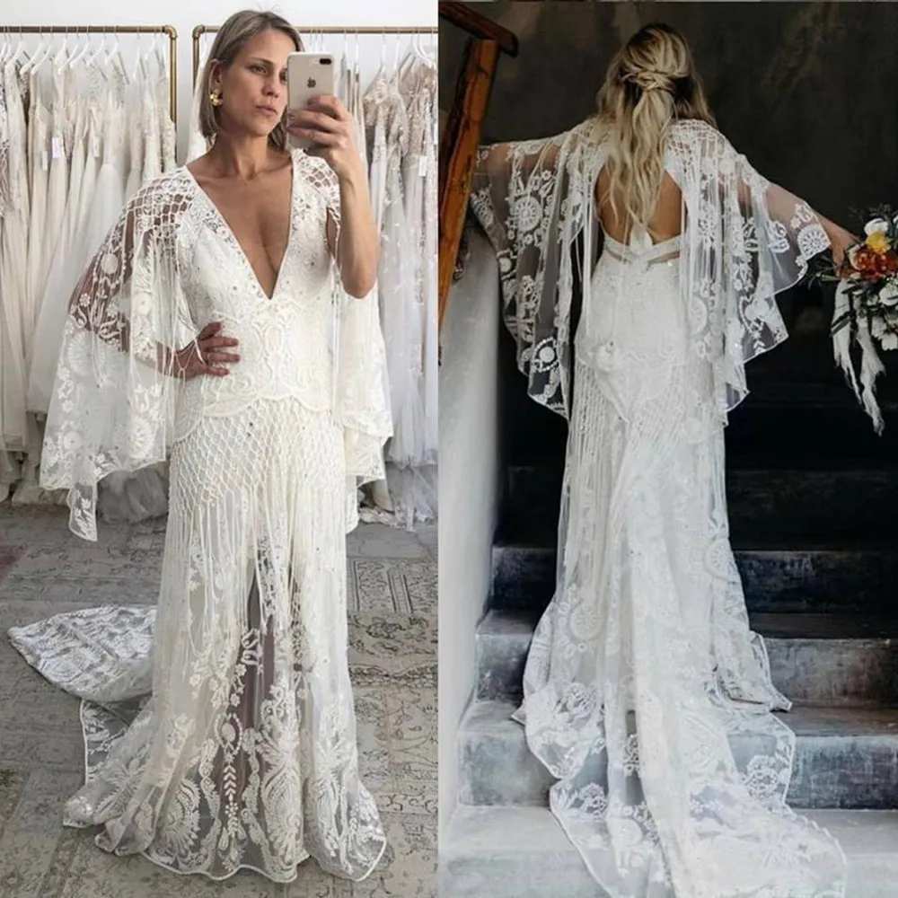Bohemian Lace Wedding Dresses A Line Customized Sexy V Neck Lace Boho Bridal Gowns Backless Long Sleeves Robes De Mariee