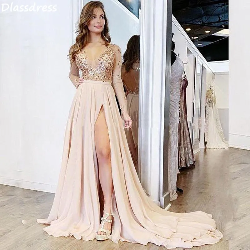 

Light Champagne Prom Dress Split Chiffon A-line Sweep Train V-neck Long Sleeves Beading Top Evening Dress коктейльные платья