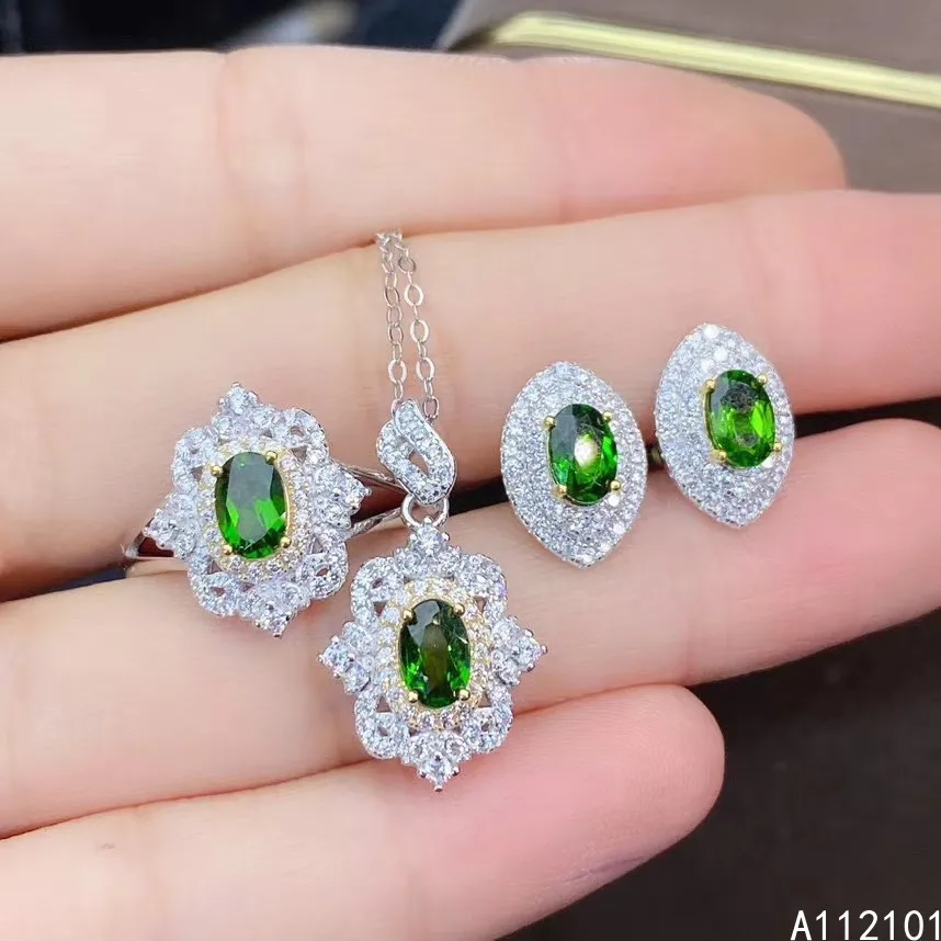 

KJJEAXCMY fine jewelry 925 sterling silver inlaid natural diopside Women's popular Flower Ring Pendant Earring Set Support check