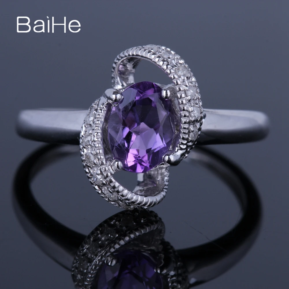 

BAIHE Solid 14K White Gold 0.8CT Flawless Oval Genuine Amethyst Wedding Women Cute/Romantic Fine Jewelry Amethyst Ring