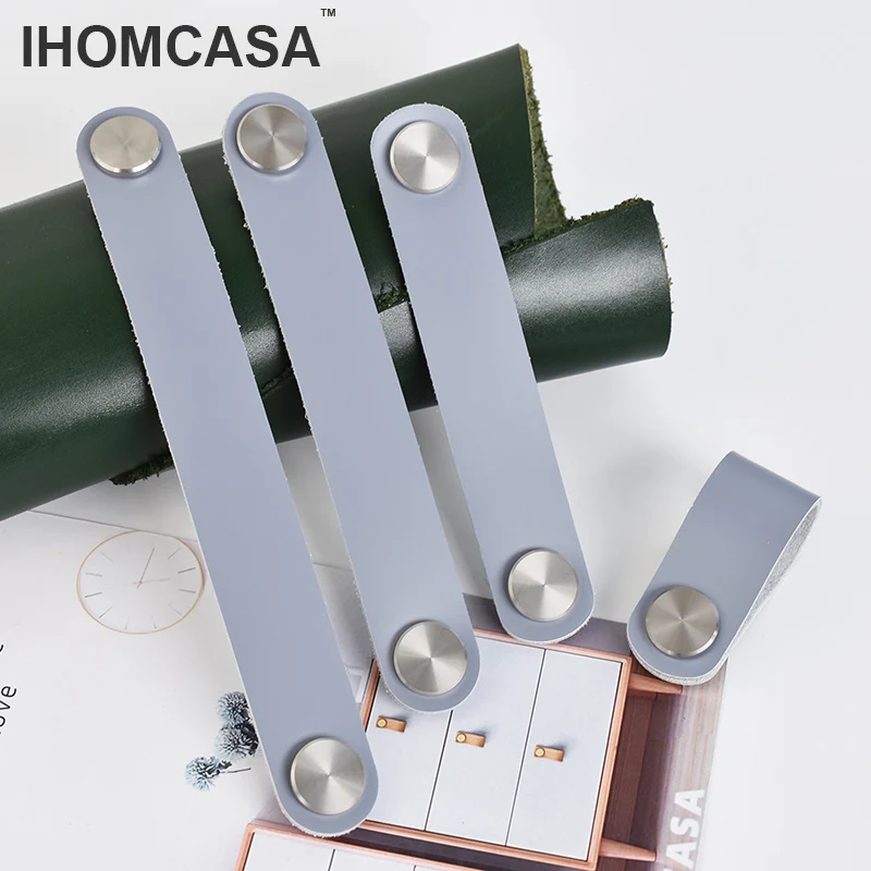 IHOMCASA-tiradores de cuero para muebles de cocina, pomo de latón para puerta de armario, armario, zapatos, acero inoxidable plateado