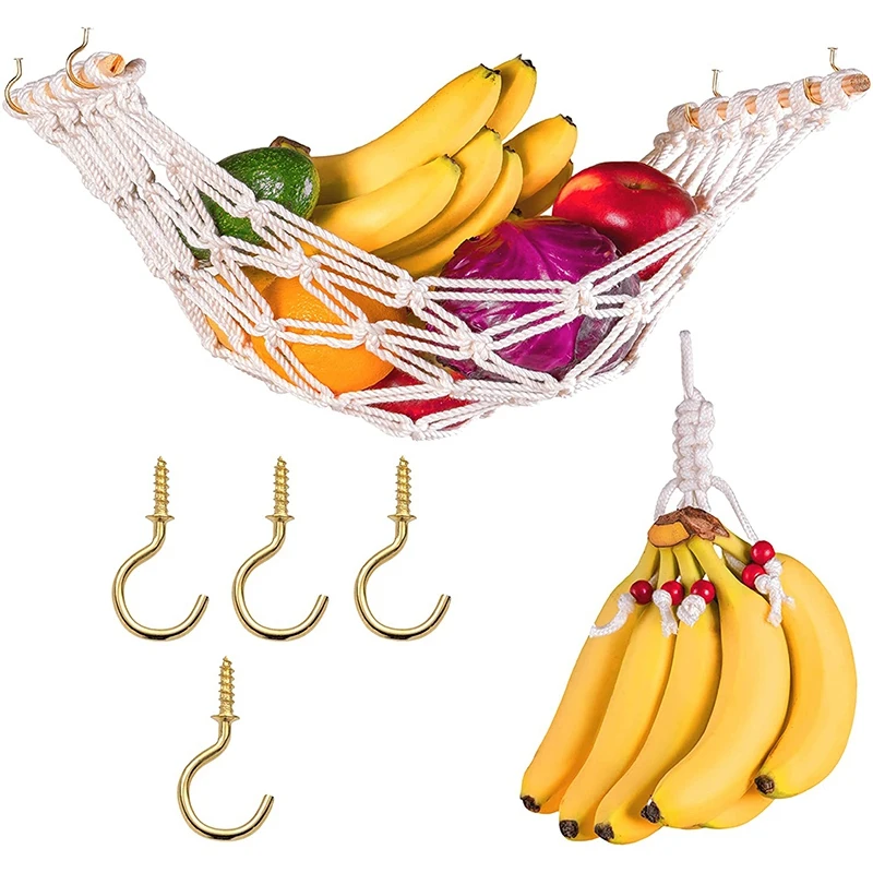 Hamaca de macramé para frutas, Red de soporte y gancho para colgar debajo del Gabinete de cocina, vegetales, cesta de frutas