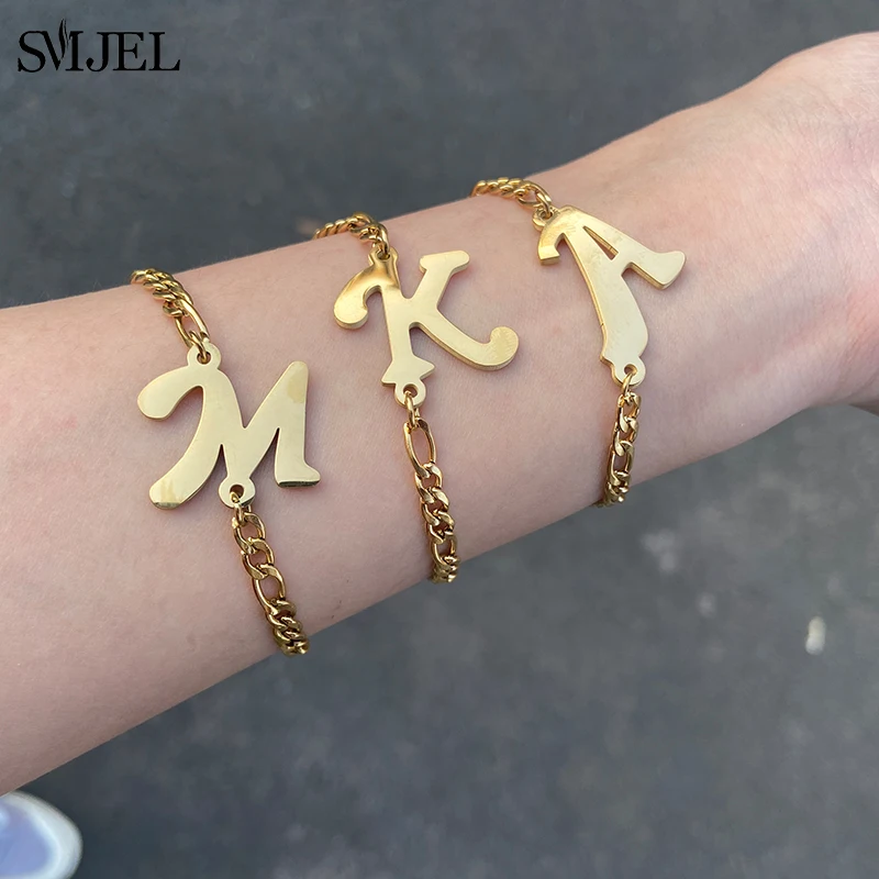 Personalize 26 Letters Initial Bracelets for Women Fashion A-Z Alphabet Bracelet Stainless Steel Jewelry Summer Best Gift Friend