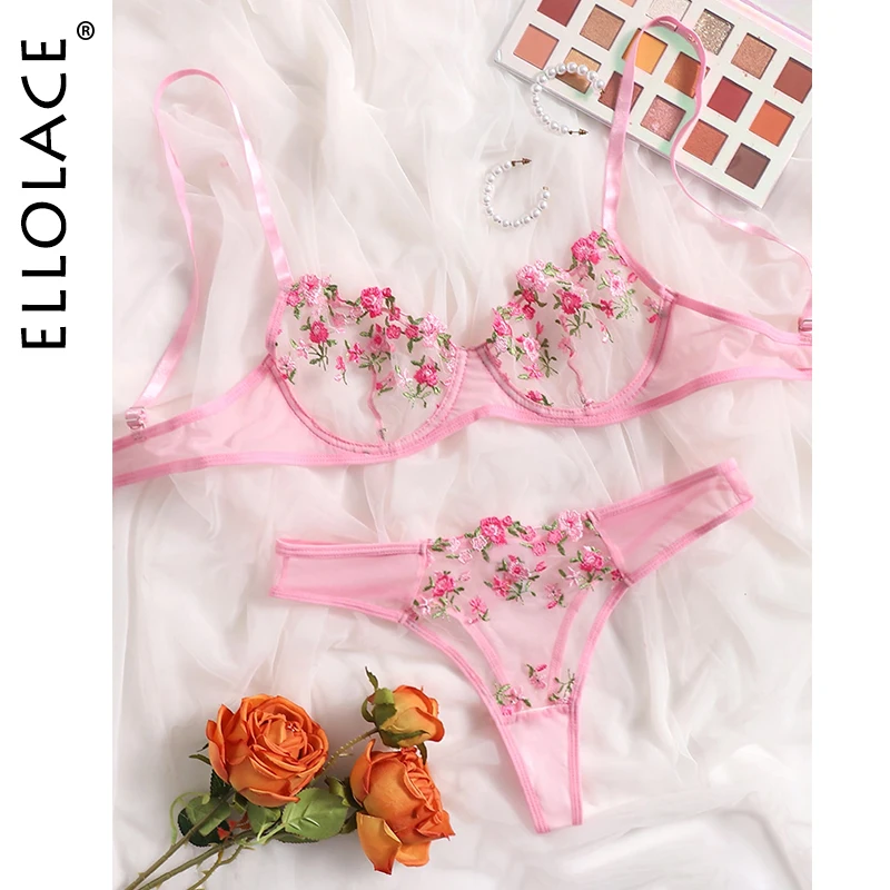 Ellolace Lingerie Sexy Floral Embroidery Underwear Transparent Lace Short Skin Care Kits Delicate Fairy Set Woman 2 Pieces