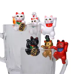 HOT SALES!!! Mini Lucky Money Cats Figurine Hanging Cup Rim DIY Landscape Table Ornament Cute Cats Figurine Pendants on Cups
