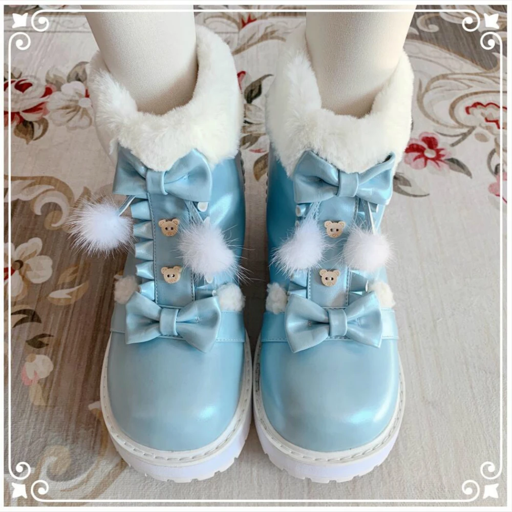 Winter Kawaii Girl Sweet Lolita Boots Vintage Round Head Plush Cashmere Warm Women Shoes Cute Bowknot Snow Boots