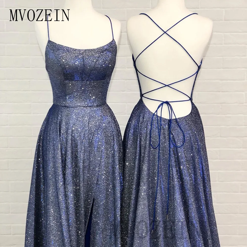 Mvozein Dark Blue Prom Dresses Spaghetti Strap Long Prom Dress Floor Length Formal Party Gowns Plus Size Vestido de festa Longo