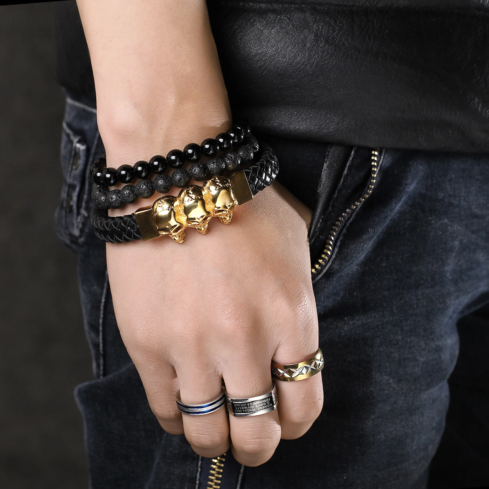 Black Braid Cowhide Leather With Skull Charm Bracelet Men Fashion Wristband