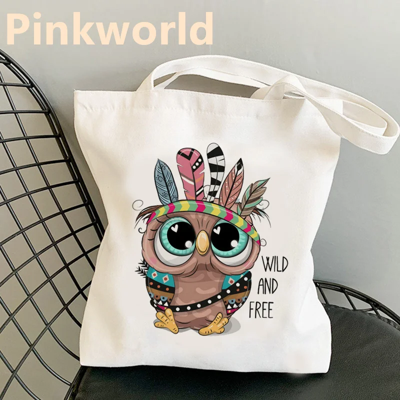 Bolso de lona con estampado de búho para mujer, bolsa de hombro, color blanco y negro, Harajuku