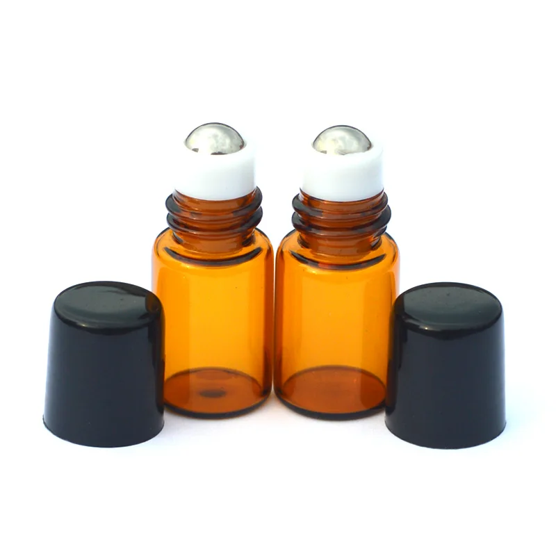 200pcs 2ml Refillable Perfume Sample Roll Amber Glass Jar Mini Essential Oil Jar With Metal Roller Vial