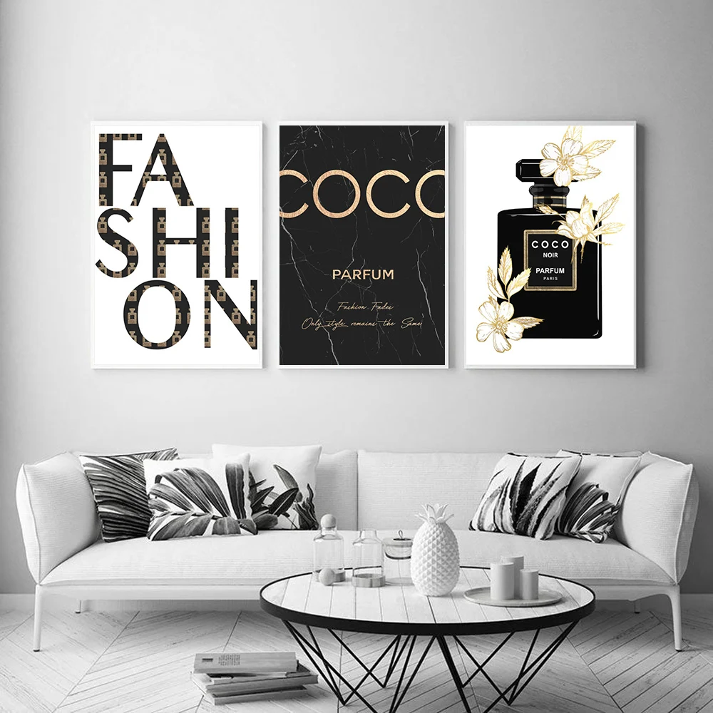 Luxury Fashion Coco Quotes Poster Print Gold Flower Perfume Wall Art Canvas Painting Modern Trendy Picture for Living Room Decor