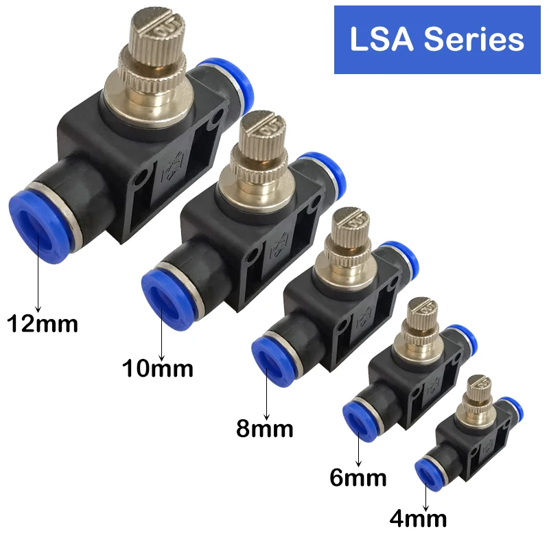 6PCS LSA Pneumatic Fittings Adjustable Flow Control Valve Speed Air Pressure Regulator Valves Throttle Quick Release Fitting