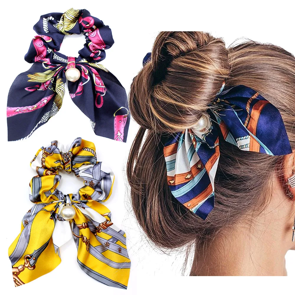 New Chiffon Bowknot Silk Hair Scrunchies Women Pearl Ponytail Holder Hair Tie Hair Rope Rubber Bands Hair Accessories Headwear