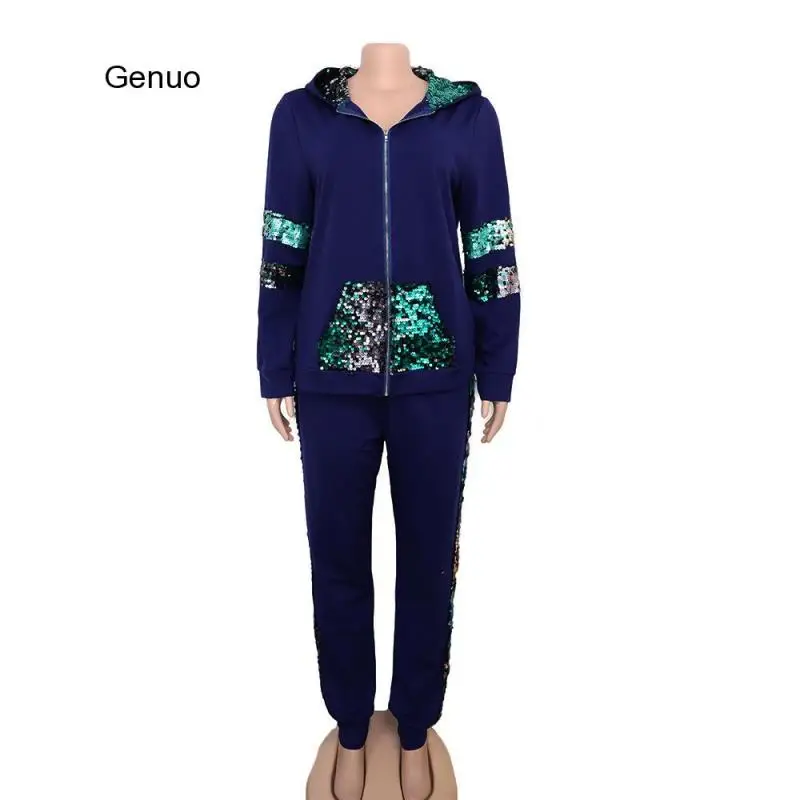 Two Piece Set Women Track Suit Tops and Pants Hooded Suit Fashion Big Sequins Jogging Femme Sets Two Piece Outfits Sweat Suits