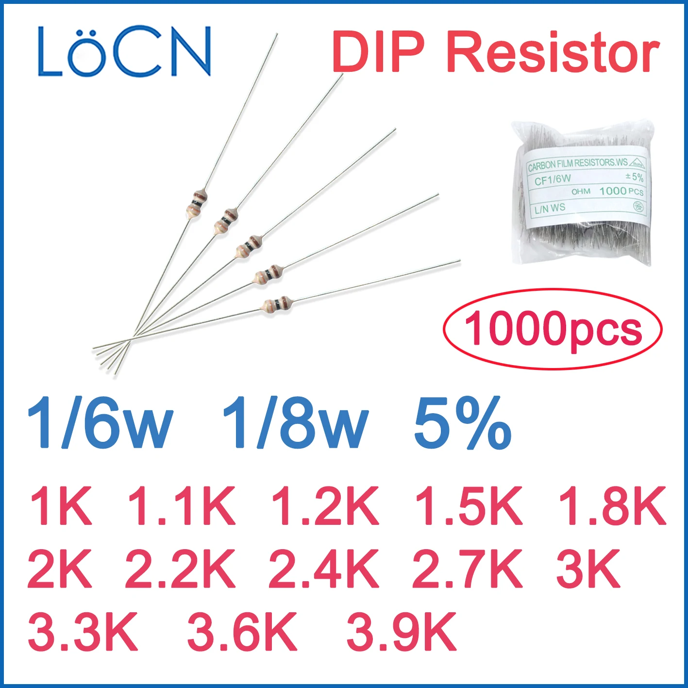 1000pcs 5% 1/6W 1/8W Carbon Film Resistor DIP 1K 1.1K 1.2K 1.5K 1.8K 2K 2.2K 2.4K 2.7K 3K 3.3K 3.6K 3.9K OHM color ring LoCN