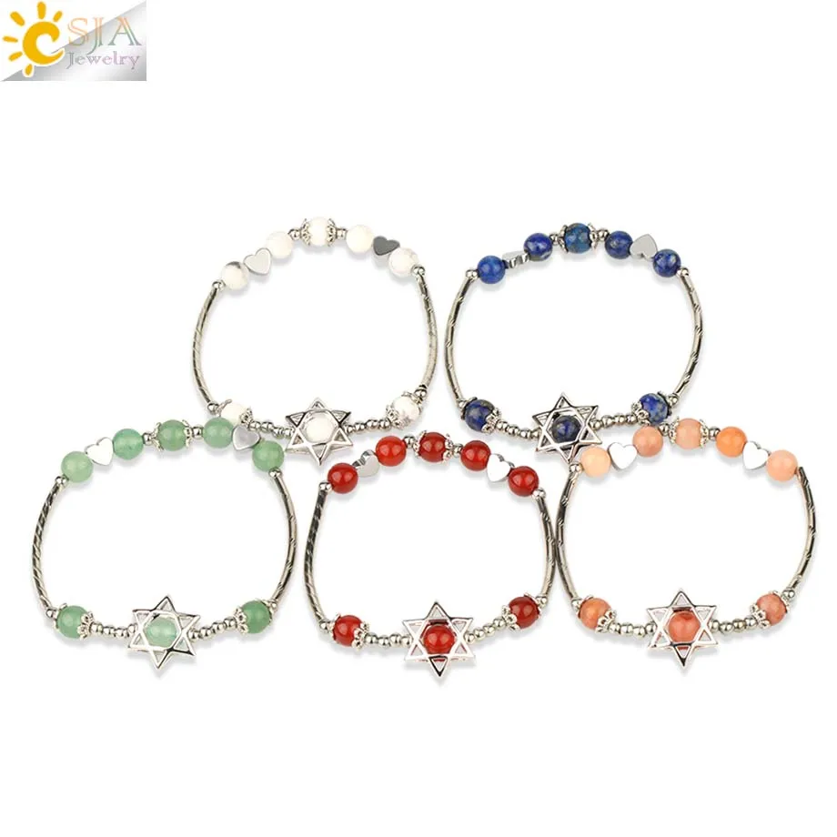 CSJA 6mm Natural Stone Hexagram Bracelet Round Bead Crystal Quartz Star of David Heart Charms Elastic Bangle for Women Girl G164