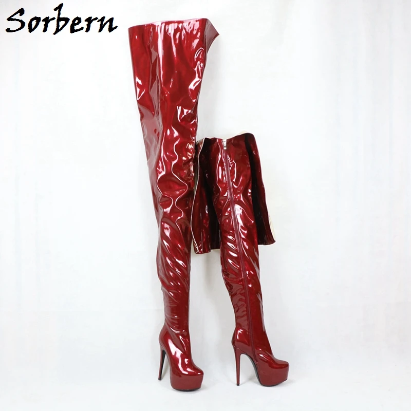 Sorbern Wine Red Gold Crotch Thigh High Boots Outside Long High Heel Platform Shoes Long Boots Drag Queen Crossdresser Boots