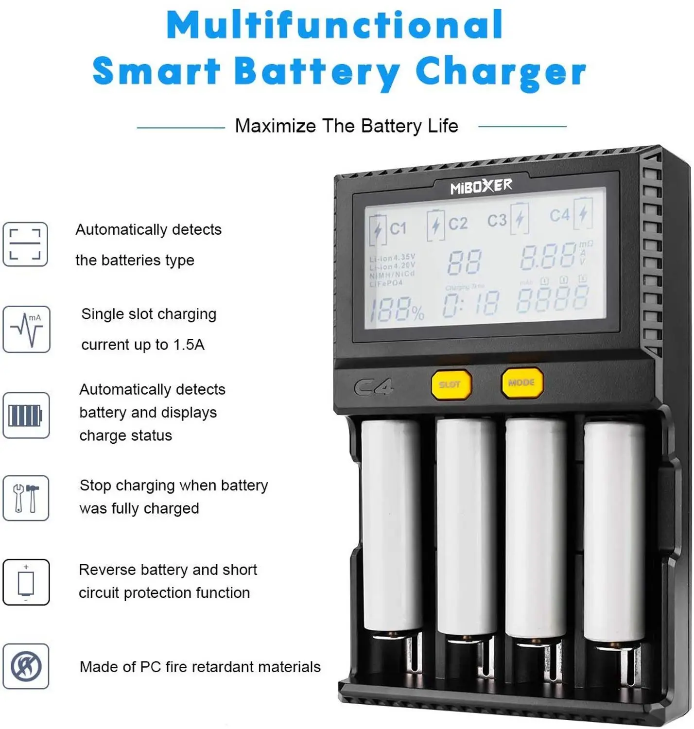 Miboxer C4  V4 LCD Smart Battery Charger for Li-ion IMR ICR LiFePO4 18650 14500 26650 21700 AAA 100 800mAh 1.5A discharge C8