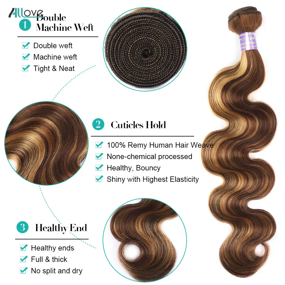 Allove Highlight บราซิล Body WAVE Human Hair Bundles 4/27 น้ําผึ้งสีบลอนด์สีบราซิลผมรวมกลุ่ม 1/3/4 PCS