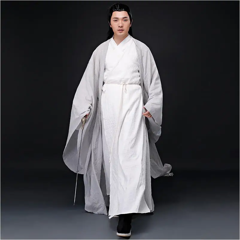 Cotton Linen Sword man hanfu Outfit Oriental Cosplay Photo Studio ancient China costume white Gray paintings Color clothing