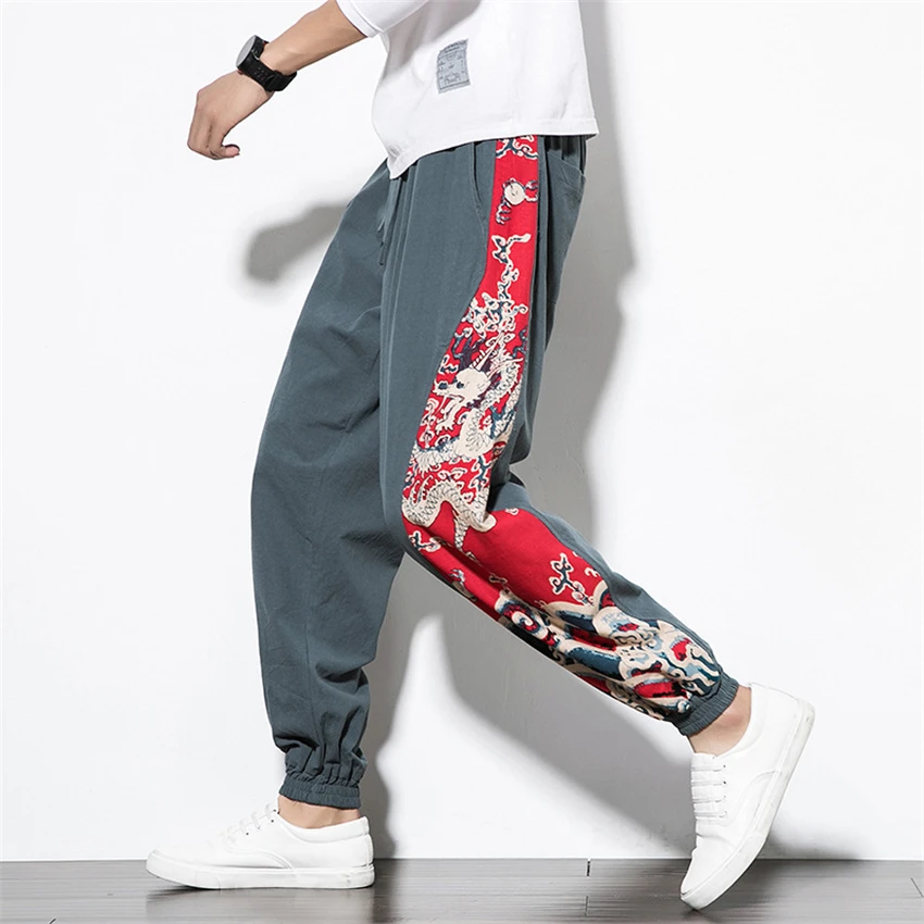 Japanese Harajuku Style Man Trousers Ukiyo-e Printed Casual Wide Leg Harem Pants Male Chinese Linen Oriental Streetwear