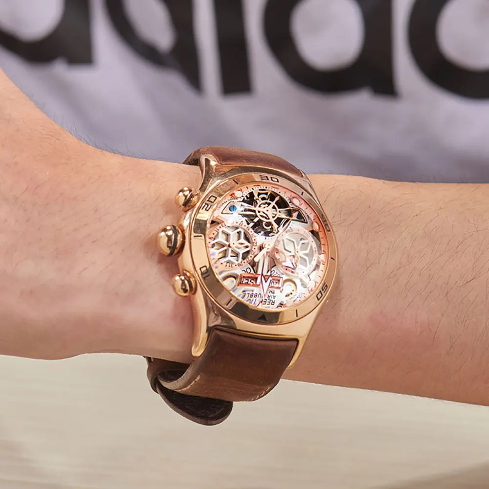 Reef Tigre Di Lusso In Oro Rosa Automatico di Scheletro Orologi Tourbillon Cinturino In Pelle Orologi Impermeabili Uomini Della Vigilanza di Sport