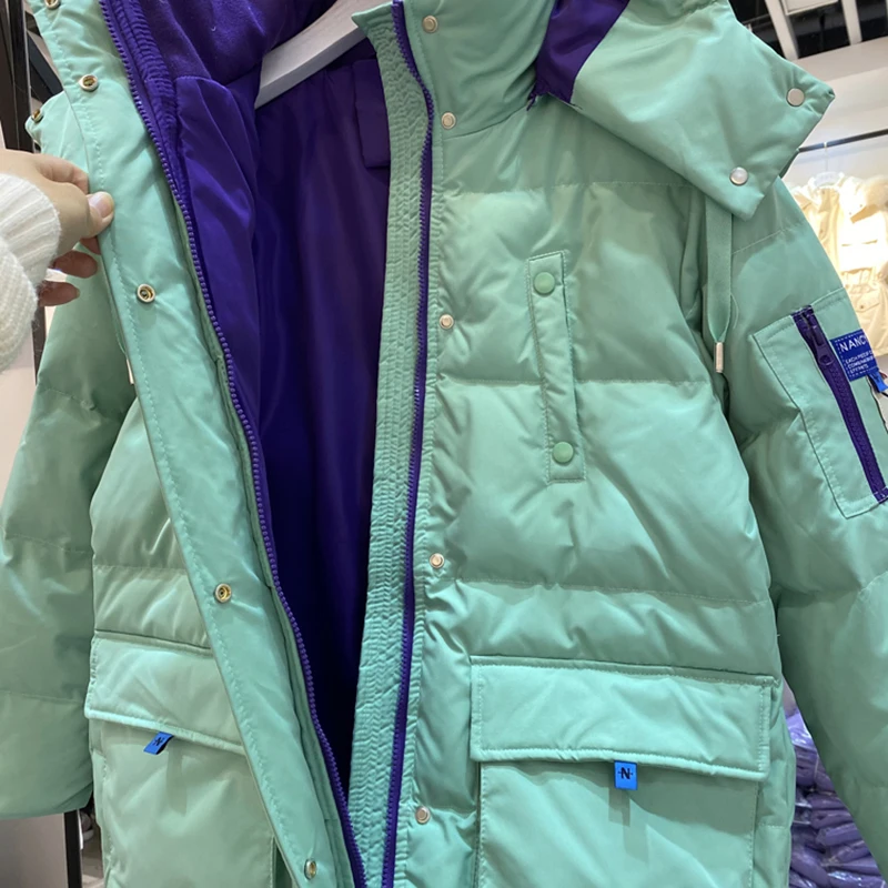 Jaqueta de comprimento médio para mulheres, casaco grosso e solto, parka com capuz feminino, manga comprida, roupa quente, parka de neve à prova de vento, inverno 2024