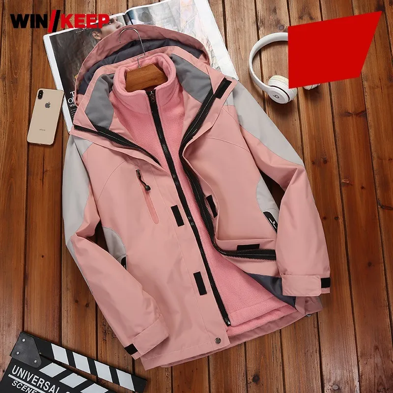 

Outdoor Autumn Winter Women Waterproof Fleece Jacket 2 Piece Detachable Brand Warm Outerwear Zipper Hooded Hiking Jacket Pink