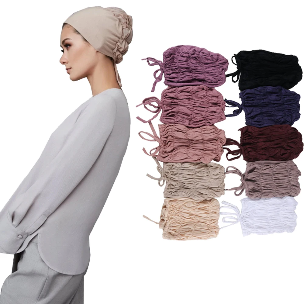 Fashion Premium Jersey Muslim Inner Cap Stretch Hijab With Rope Adjustable Women Underscarf Solid Color Islamic Turban Headwear