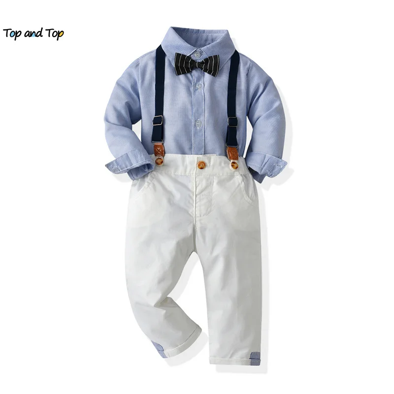 

top and top NEW Baby Boy Infant Casual Clothing Sets Newborn Gentleman Long Sleeve Bowtie Shirts+Overalls Suit for Baptism