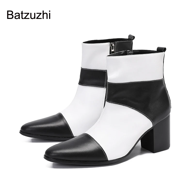 

Batzuzhi British Style New Men Shoes Pointed Toe Black White Genuine Leather Boots Ankle Men for Knight/Party and Wedding, 38-46