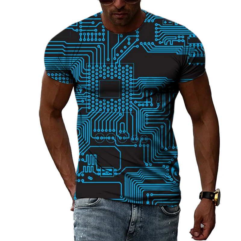 Round Neck Personality Circuit Board graphic t shirts For trendyol Men Summer Hip Hop street style Casual Printing T-shirts Tops