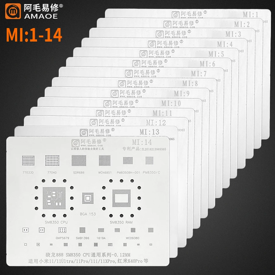 

Amao MI:1-MI:14 Reballing Stencil Set For RedMI K30/K30Pro/9/Note9 4G/Note 9 Pro XiaoMi 10/10 Pro CC9/CC9e/8SE/A3 planting stenc