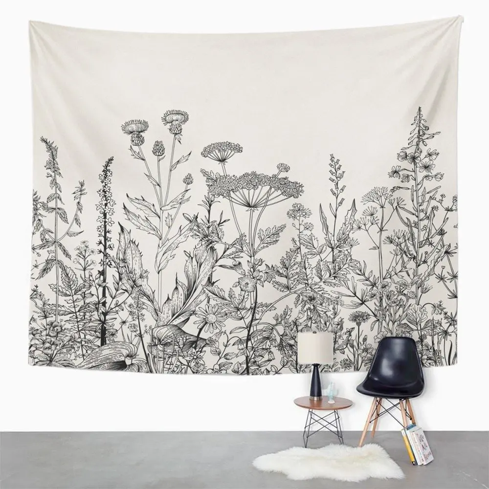 Floral Border Herbs and Wild Flowers Botanical Engraving Style Black and White Tapestry Home Decor Wall Hanging 60