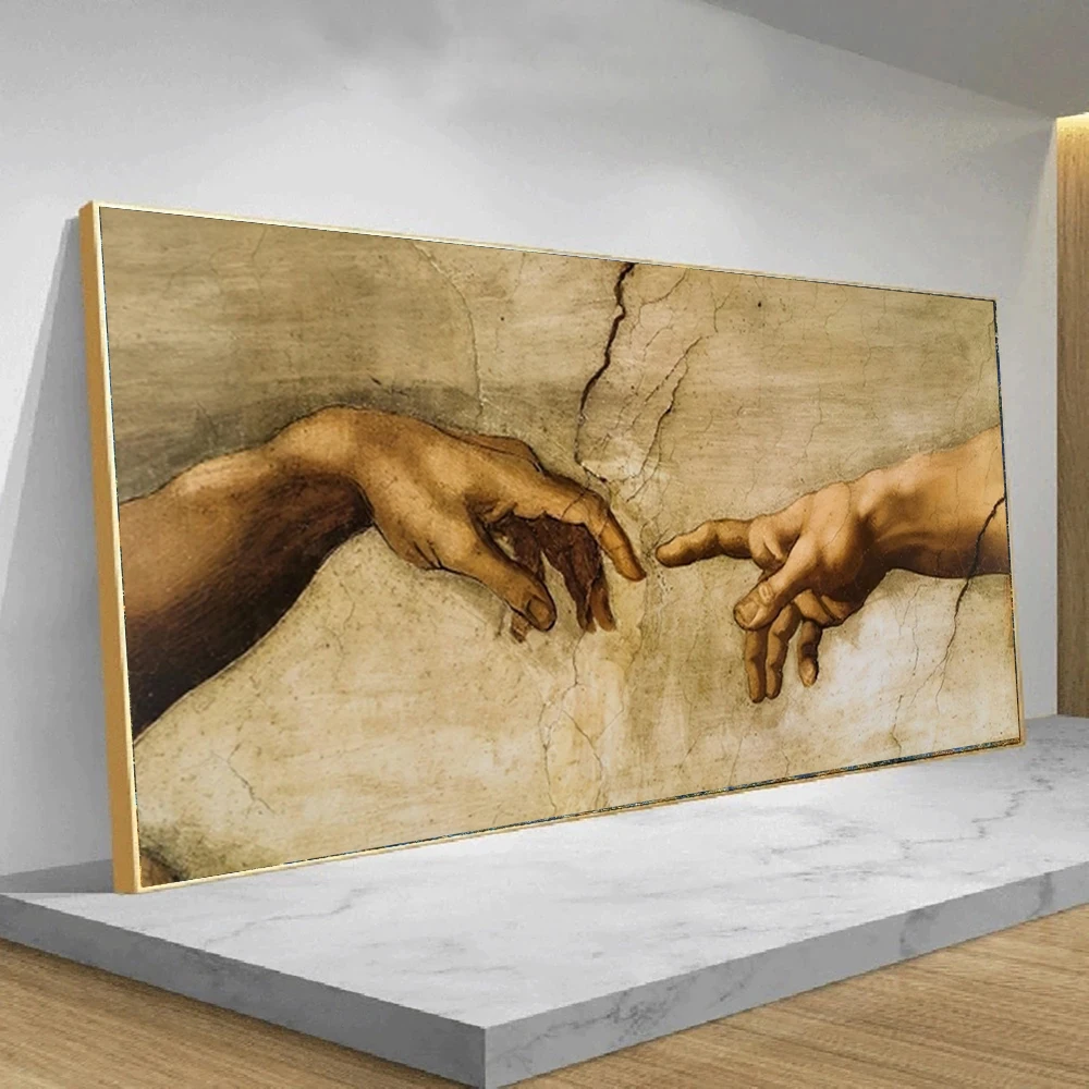 Pinturas en lienzo de la creación de Adán de Michelangelo, cuadros de pared, carteles e impresiones para sala de estar, arte famoso, mano a mano