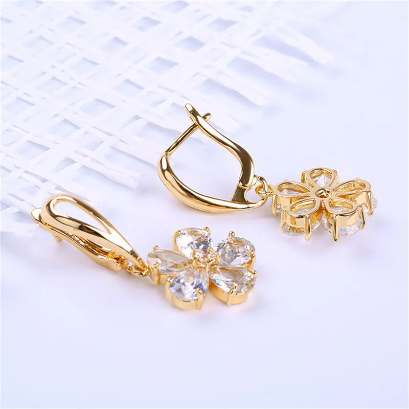 HUAMI Round Earrings 18K Gold Plated Platinum Double  Earrings AAA Zircon Five-Leaf Flower Fashion Earrings Pendant For Women