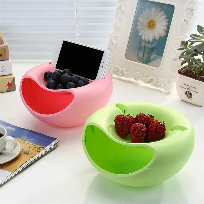 Detachable Creative Multi-Style Shape Lazy Snack Bowl Easy Clean Plastic Double Layers Storage Box Fruit Plate with Phone Holder