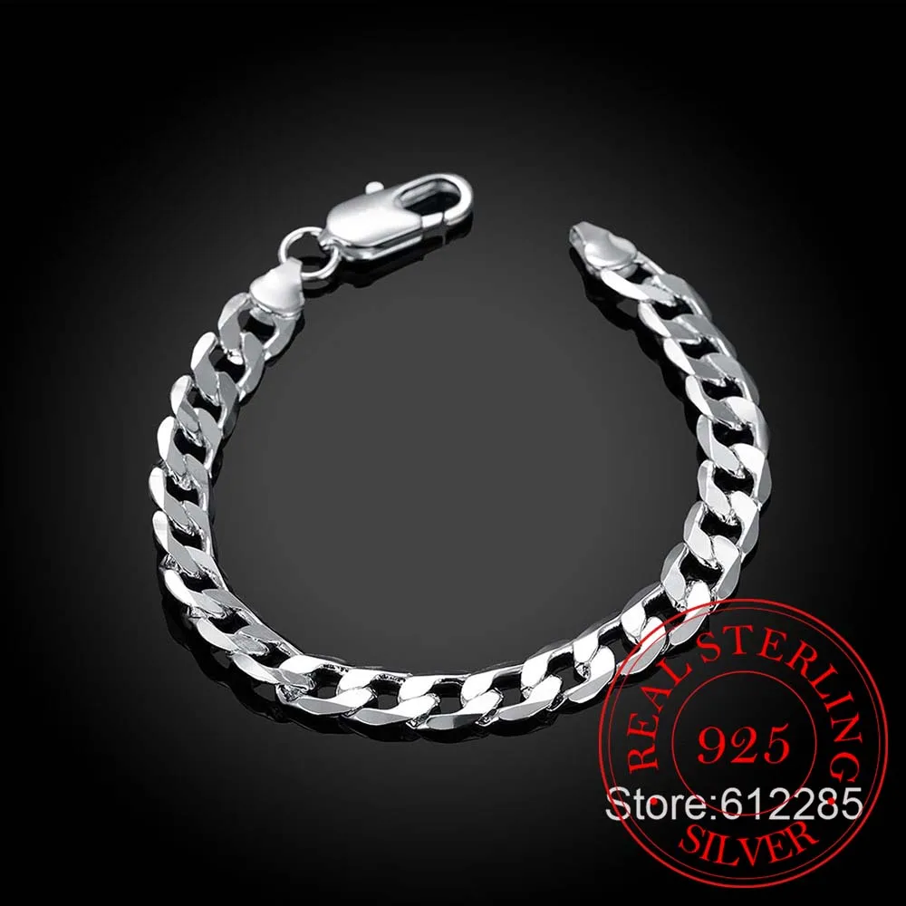 925 Sterling Silver Bracelet Fine Jewelry 8MM 20cm Sideways Flat Male Chain Bracelet Armband/pulsera for Men 8 Inch