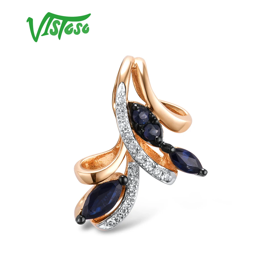 VISTOSO Gold Pendants For Women Authentic 14K 585 Rose Gold Sparkling Blue Sapphire Diamond Elegant Wedding Band Fine Jewelry