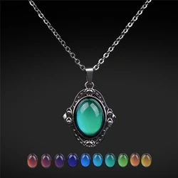 Mood Necklaces Retro Palace Elliptic Jewelry Pendant Necklace Temperature Control Color Change Necklace Stainless Steel Chain