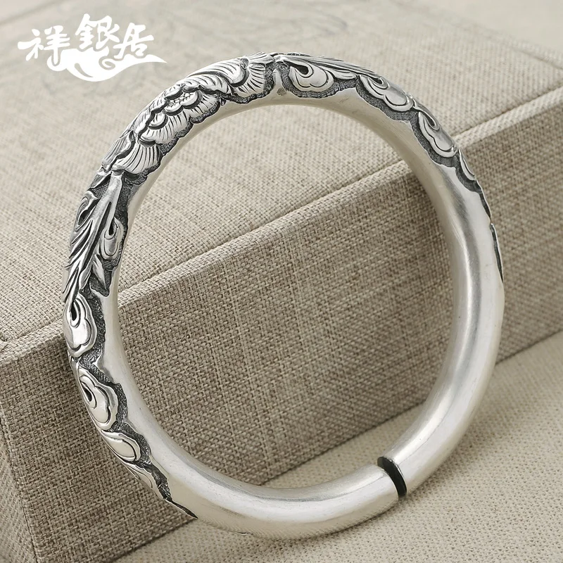 ★S999 fine silver handmade silver snow silver bracelet national wind restoring ancient ways big peony silver bracelets